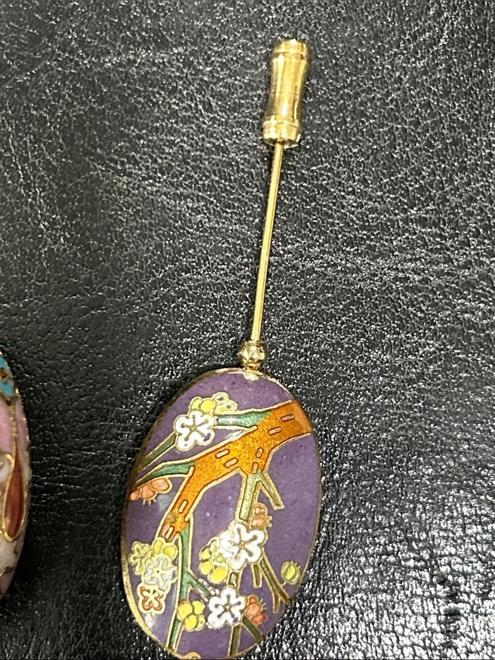 Vintage Chinese Cloisonné Egg Pendant & Purple Floral Stick Pin Set
